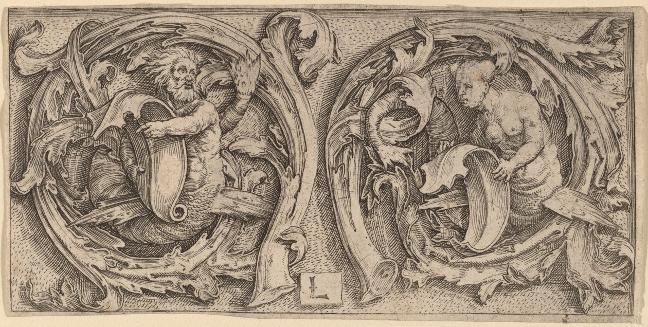 Triton és sziréna indákban alkotó: Lucas van Leyden