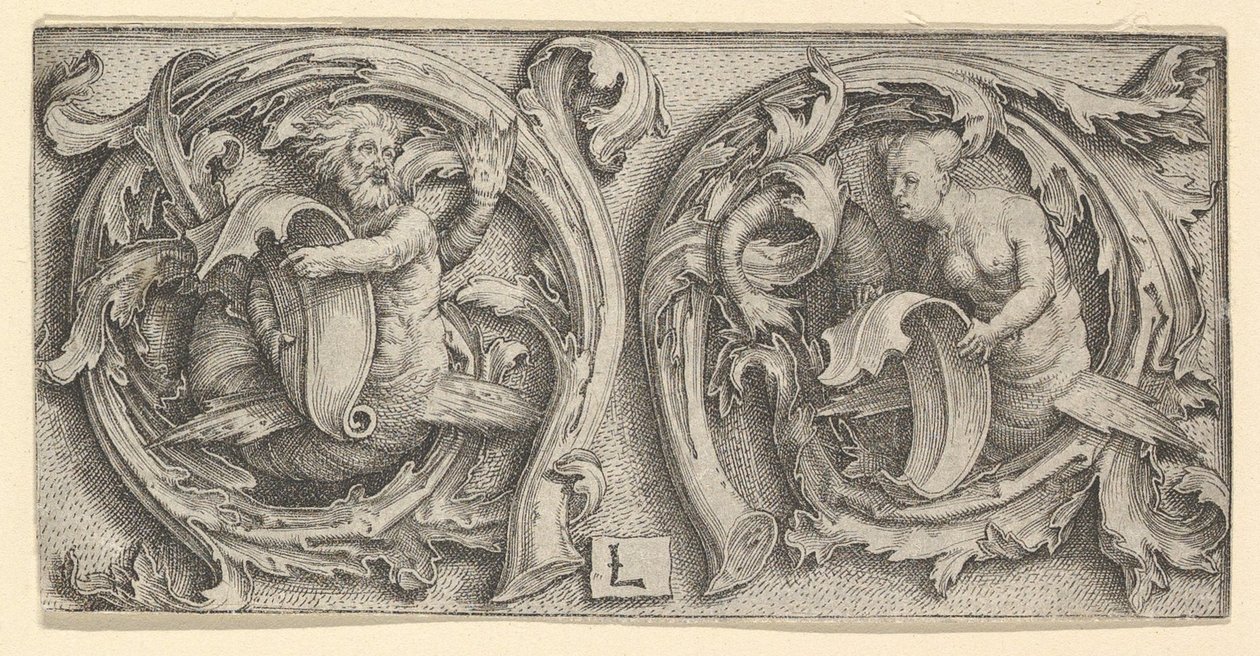 Triton és sziréna indákban, kb. 1510. alkotó: Lucas van Leyden