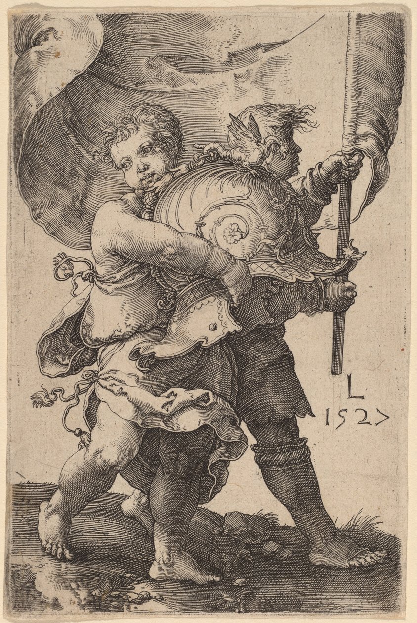 Két fiú sisakkal és szabványos alkotó: Lucas van Leyden