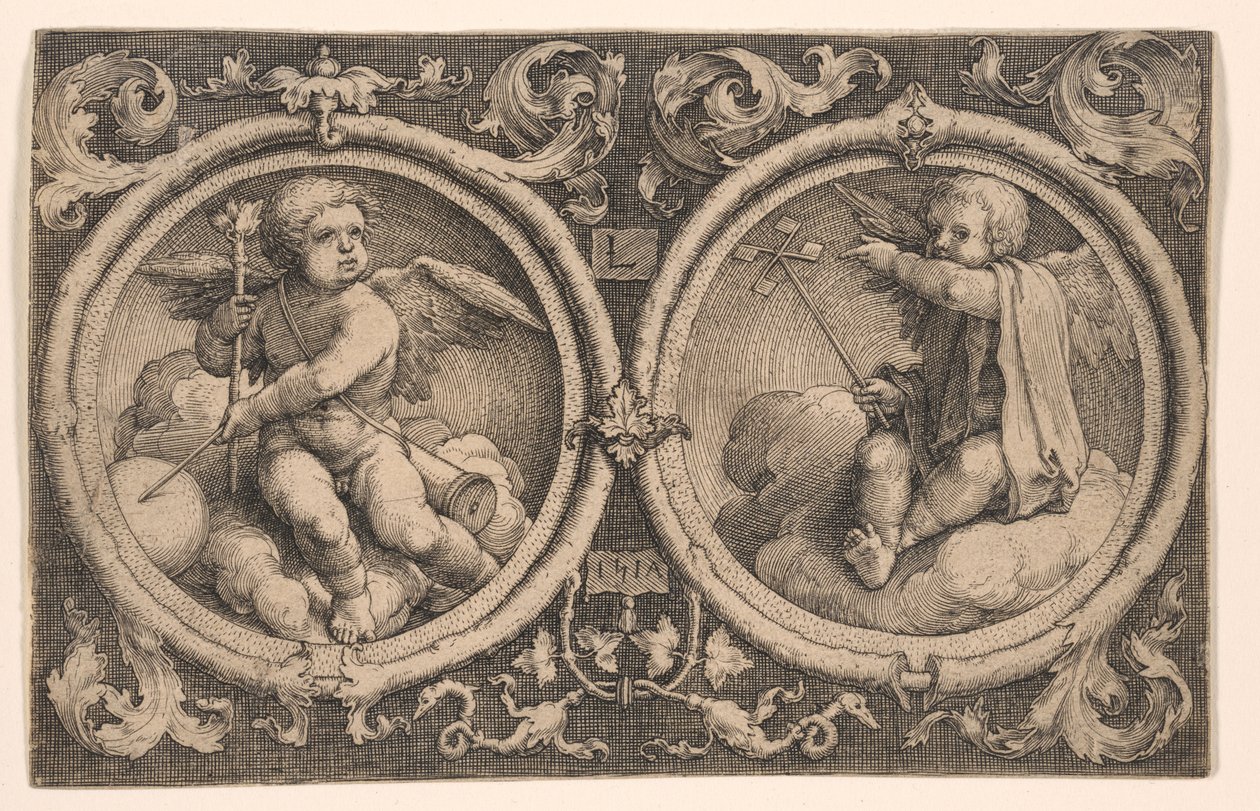 Két felhőkön ülő kupidó alkotó: Lucas van Leyden