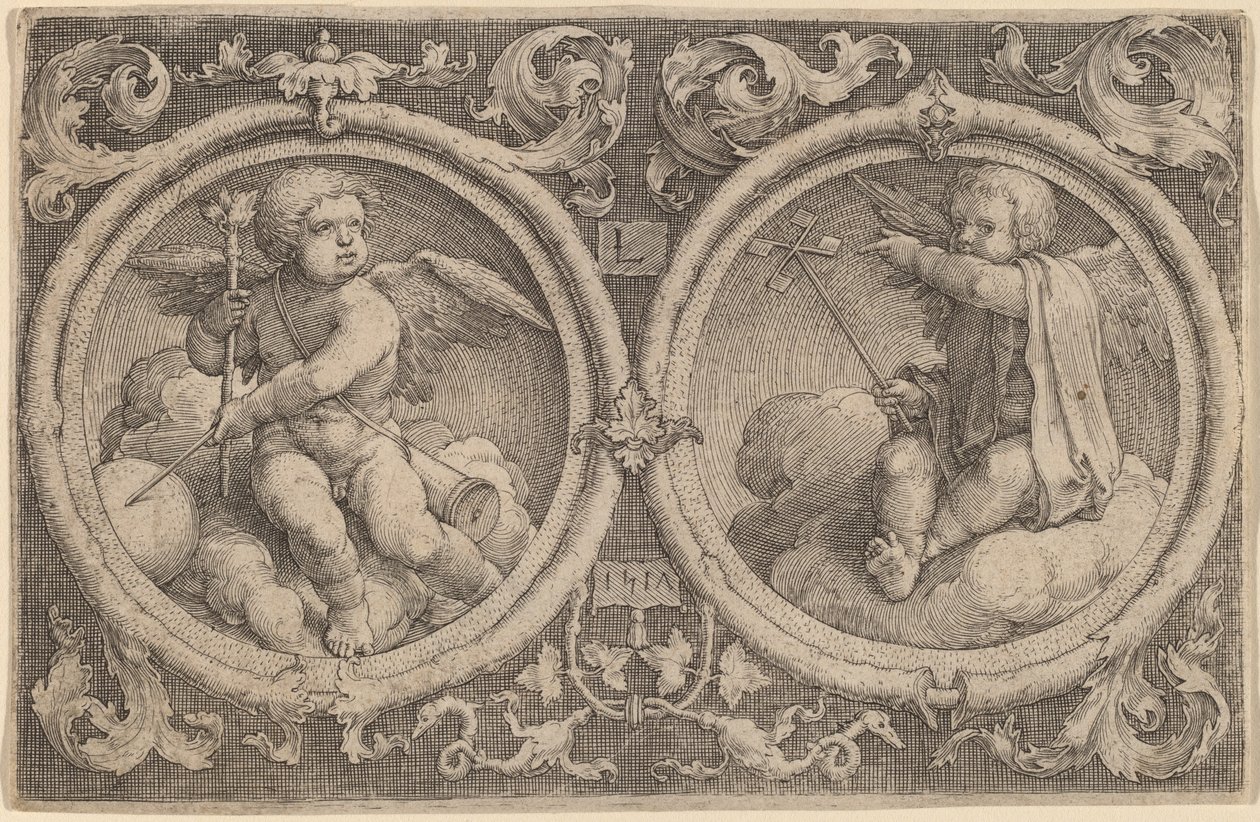 Két Ámor ül a felhőkön két körben alkotó: Lucas van Leyden
