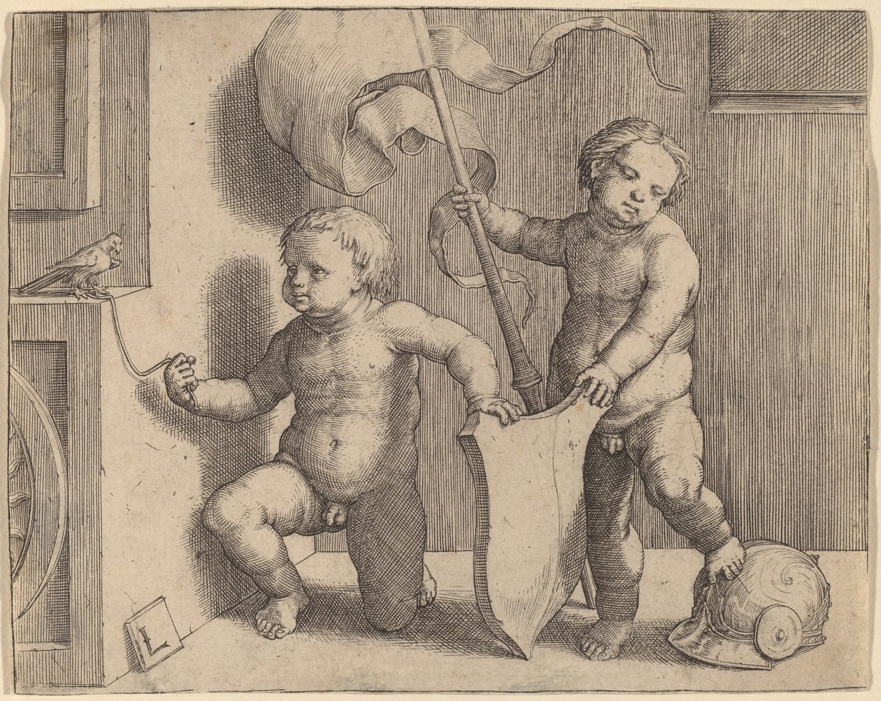 Két meztelen gyerek egy üres pajzsot támogat alkotó: Lucas van Leyden