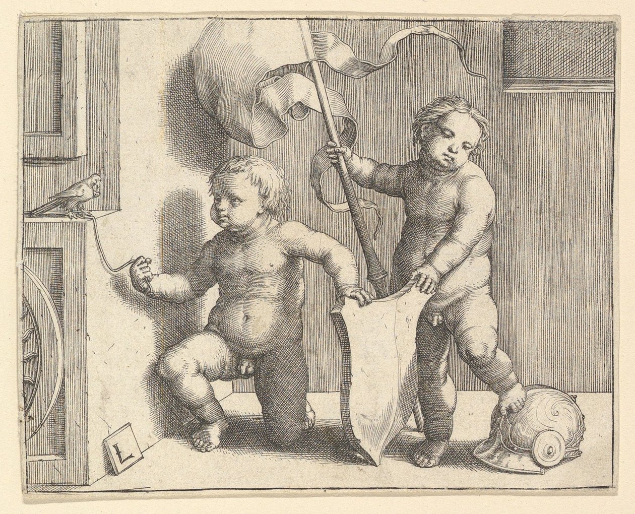 Két meztelen gyerek egy üres pajzsot támogatva, kb. 1510. alkotó: Lucas van Leyden