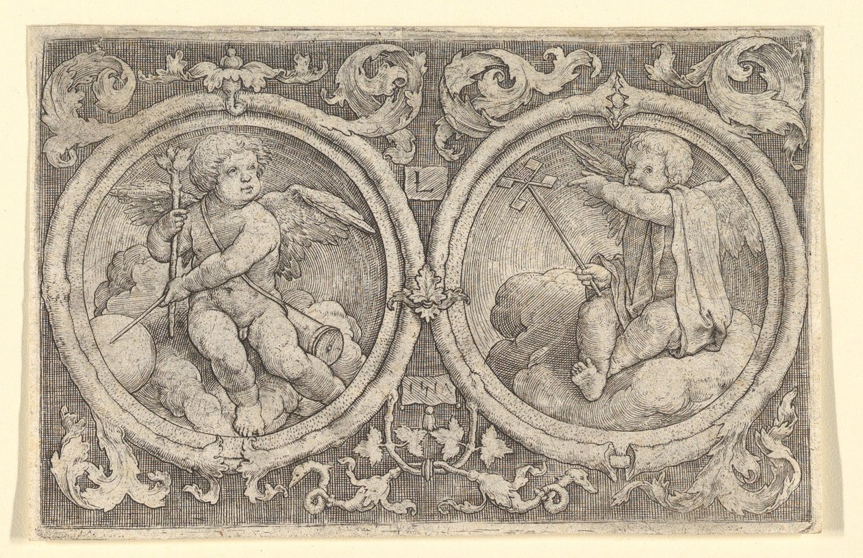 Két putti felhőkben ülve körökben indákkal, 1517. alkotó: Lucas van Leyden