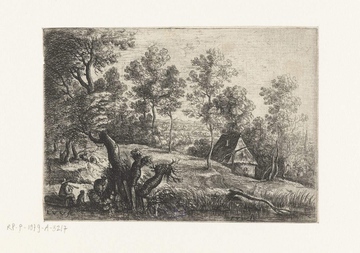 Landschap met een huis en een waterput Vijf landschappen (series title)   1331076   hu       hungarian Successfully Translated  Original: Birds feeding their young in a nest (colour litho) Translat: Birds feeding their young in a nest (colour litho) 132419 alkotó: Lucas van Uden