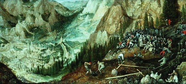 Táj Jeruzsálemmel, a keresztet hordozó Krisztussal és előkészületekkel a Kálvária hegyén alkotó: Lucas van Valckenborch