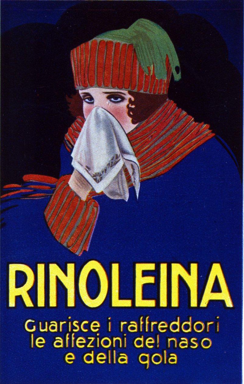 A Rinoleina gyógyszer reklámja a megfázás, torokfájás és köhögés ellen. Lucien Achille Mauzan (1883-1952) illusztrációja. alkotó: Luciano Achille Mauzan