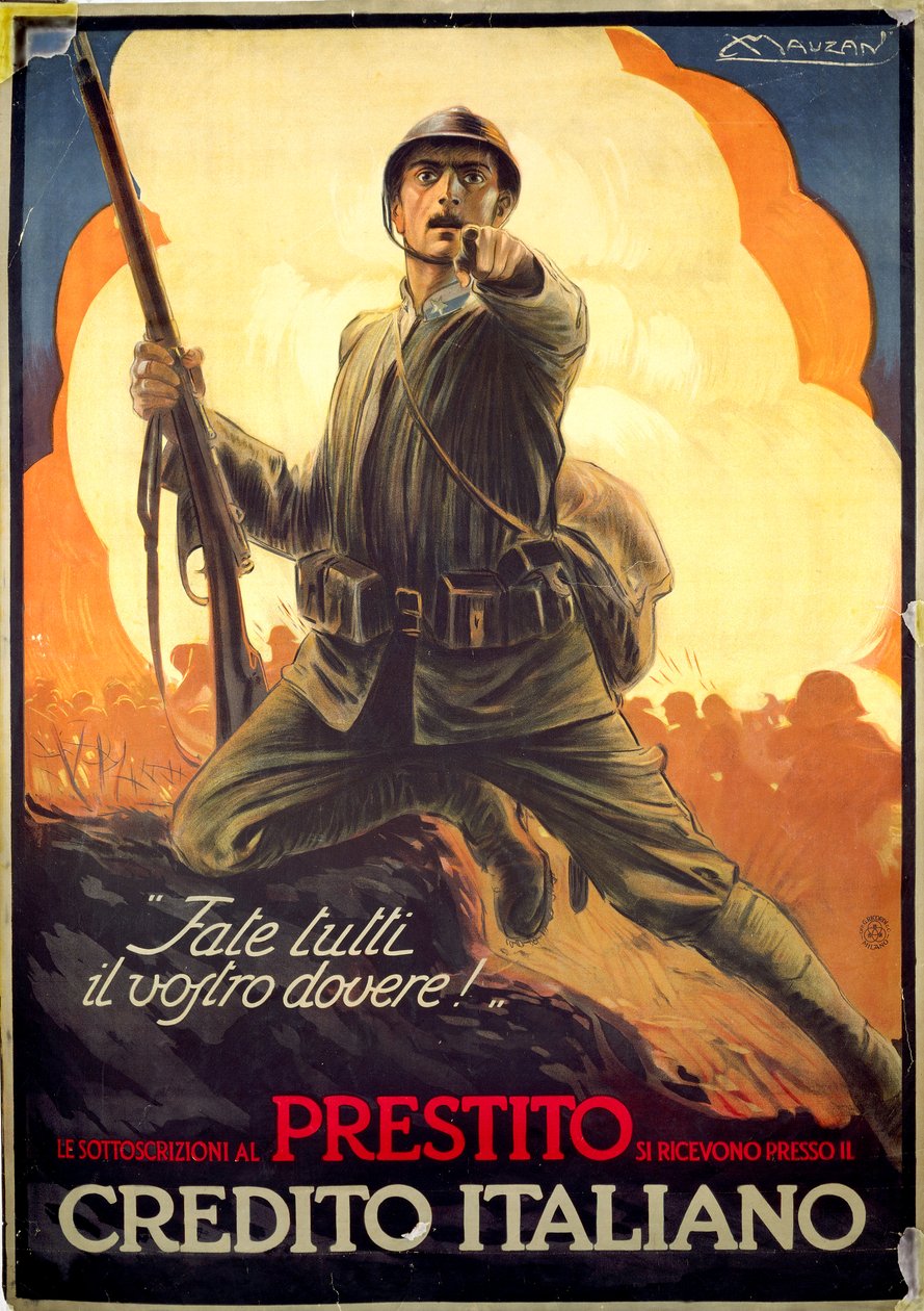 világháborús olasz propagandaplakát, amely háborús kötvényeket hirdet alkotó: Luciano Achille Mauzan