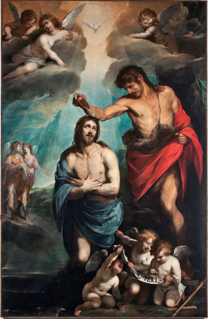 Krisztus keresztsége A Szentlélek galambja (Szentlélek) Jézus Krisztus felett (Jézus keresztsége) Luciano Borzone (1590-1645) festménye 17. század Genes, Musei di Strada Nuova (ex Palazzo Bianco) Olaszország alkotó: Luciano Borzone