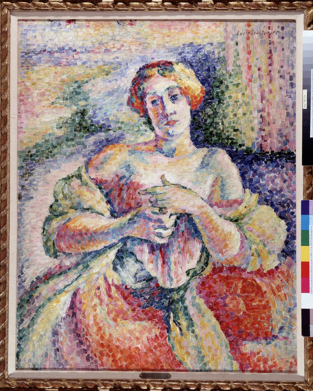 Rózsaszín és kék ruhás fiatal elegáns nő, denudees váll. Lucie Cousturier (1870-1925) festménye 1908 Dim. 93x73 cm Kötelező említés: Collection fondation regards de Provence, Marseille alkotó: Lucie Cousturier