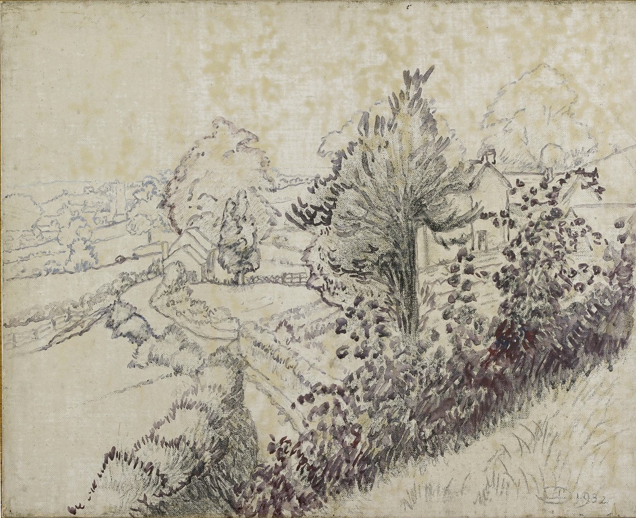 Leintwardine látképe, 1932 (fekete kréta és olajmosás vászonra fektetve) alkotó: Lucien Pissarro
