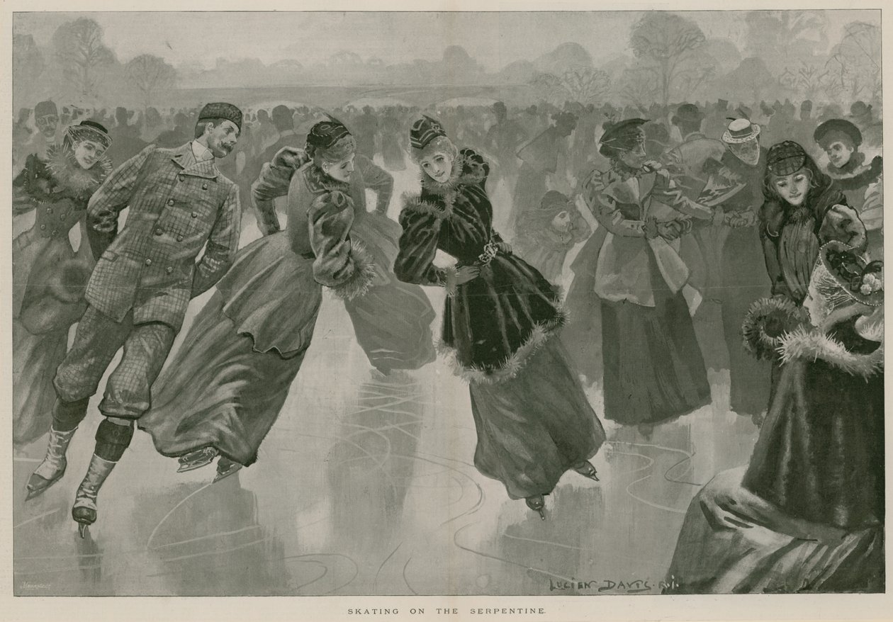 Korcsolyázás a Serpentine-on, Hyde Park, London (metszet) alkotó: Lucien Davis
