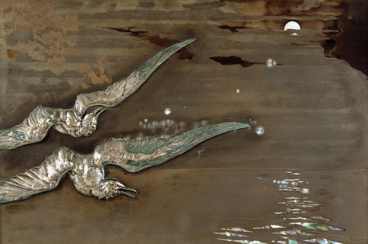 Fém lakk panel ezüst sirályokkal, 1900 körül (fém lakk panel, ezüst) alkotó: Lucien Gaillard