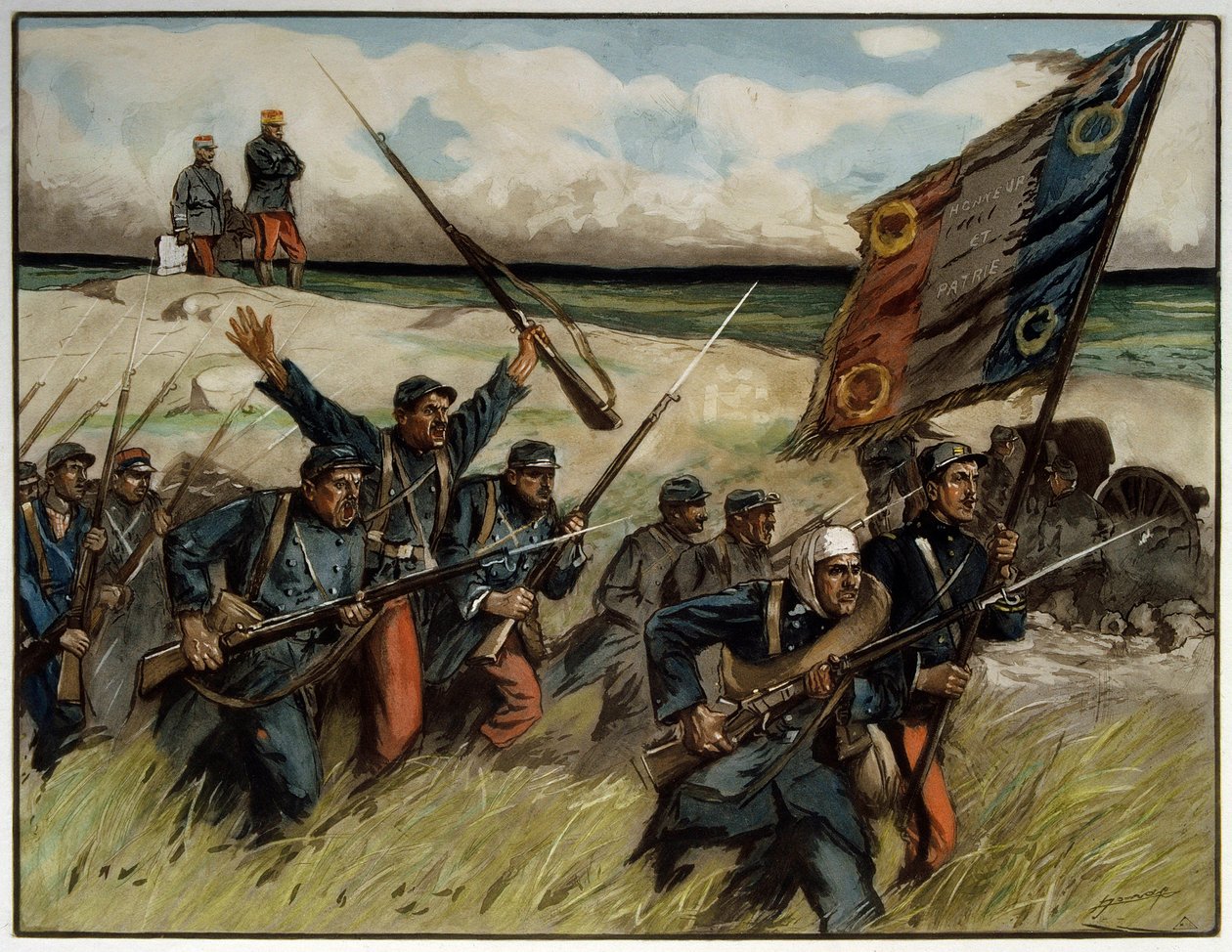 Első világháború (1914-1918): „” Charge à la baionette en septembre 1914”” Lucien Hector (Lucien-Hector) Jonas (1880-1947) festménye, 1914 Párizs. A két világháború múzeuma alkotó: Lucien Hector Jonas