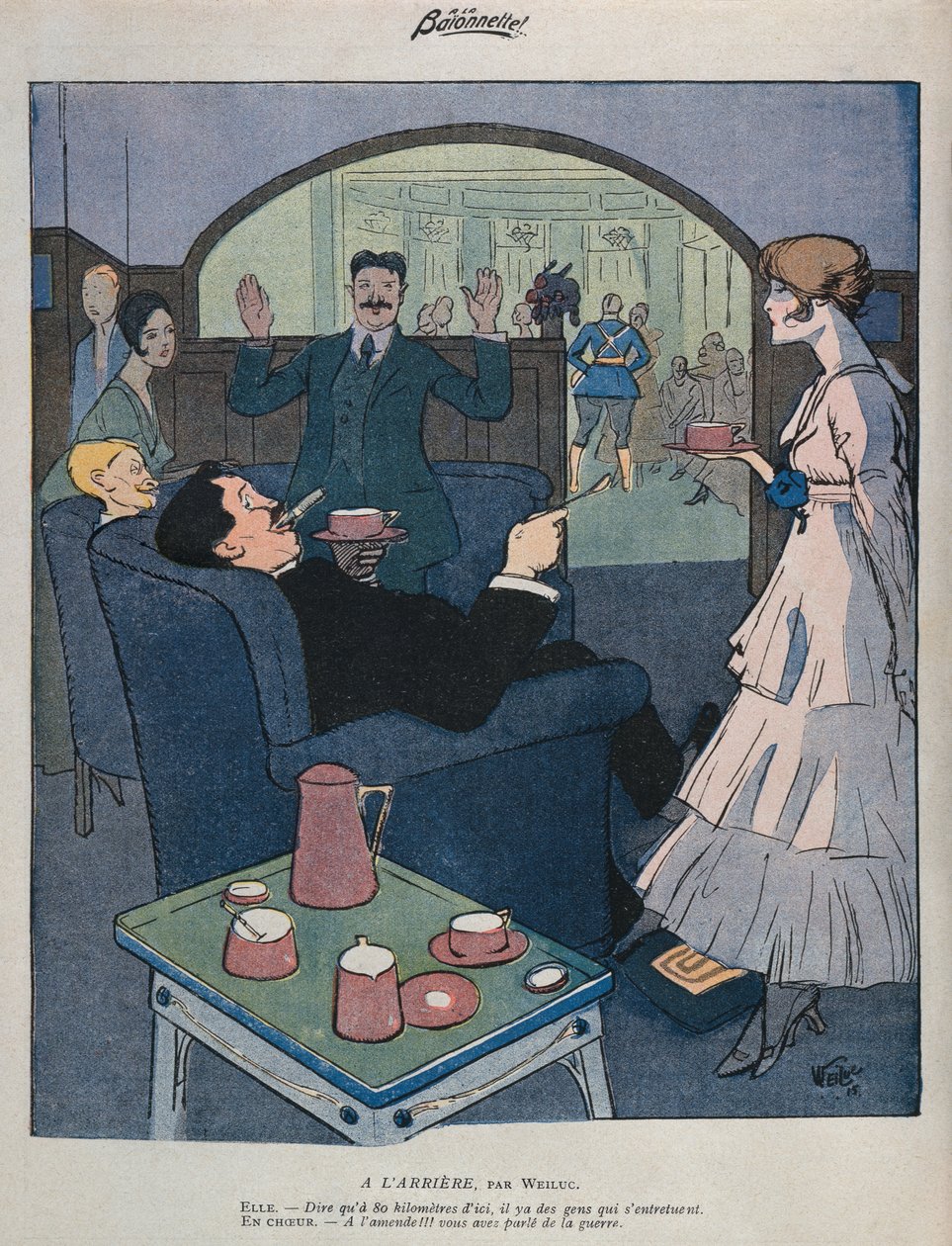Otthoni fronton, illusztráció a „La Baionnette”-ből, 1915. szeptember 2. (színes litó) alkotó: Lucien Henri Weiluc