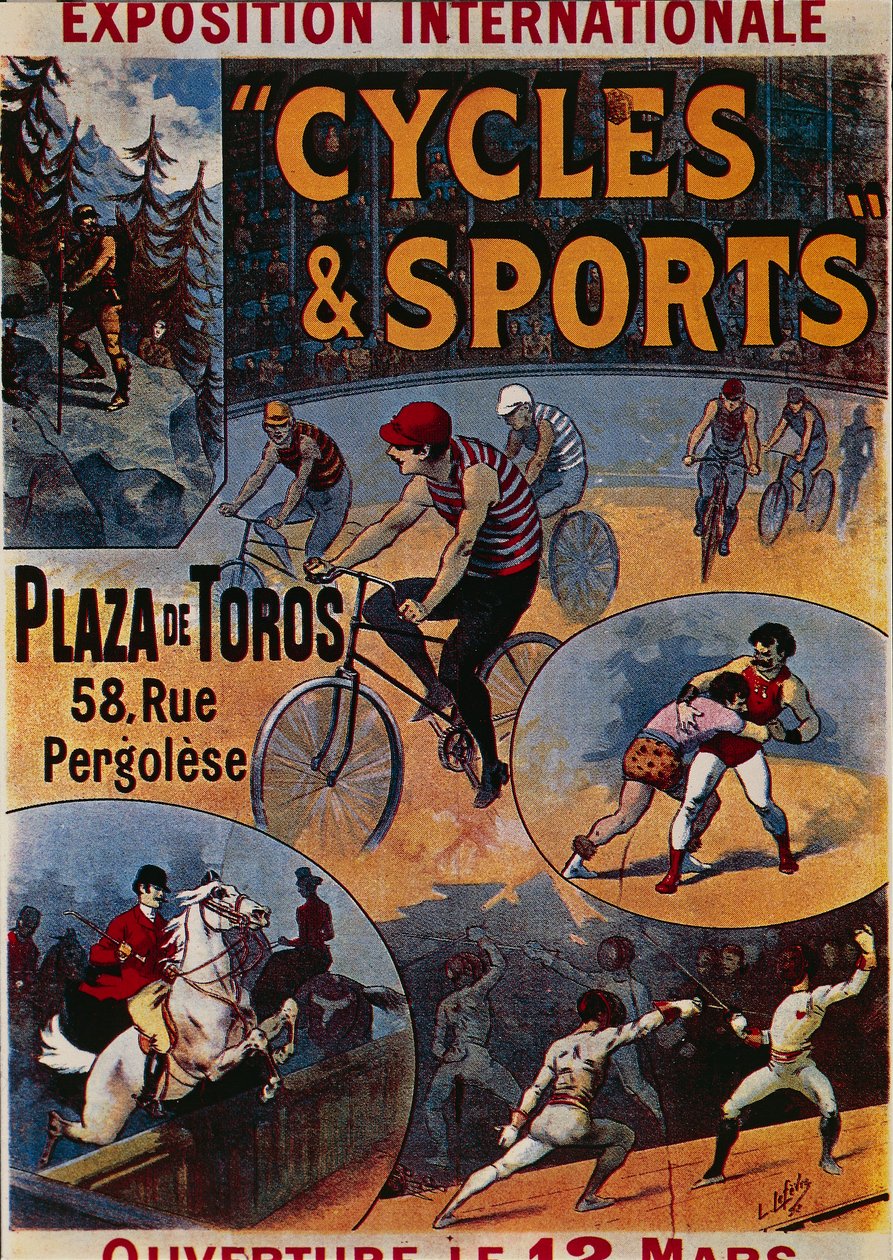 Exposition Internationale Cycles et Sports, a sportnak szentelt nemzetközi kiállítás hirdetése, Lucien Lefevre illusztrációja, plakát alkotó: Lucien Lefevre
