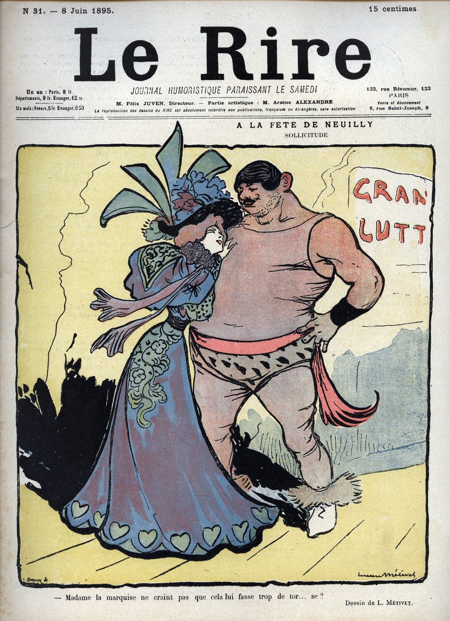 Neuilly ünnepén: gondoskodás - egy elegánsan öltözött nő beszélget Lucien Marie Francois Metivet (1863-1930) rajzbirkózójával - június 8-i nevetés alkotó: Lucien Metivet