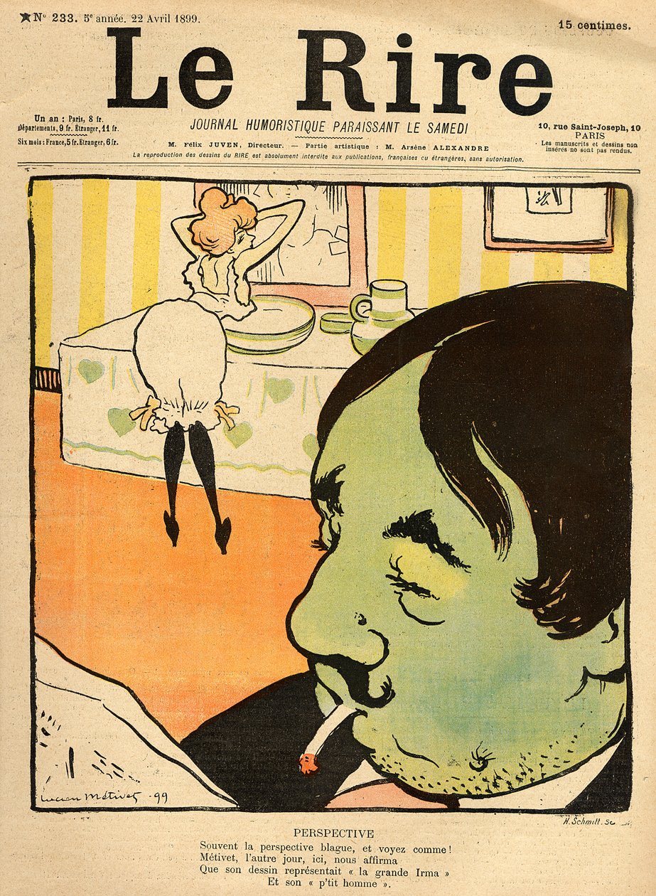 Humoros rajzfilm a „Le Rire” címlapjáról, 1899. április 22. (színes litó) alkotó: Lucien Metivet