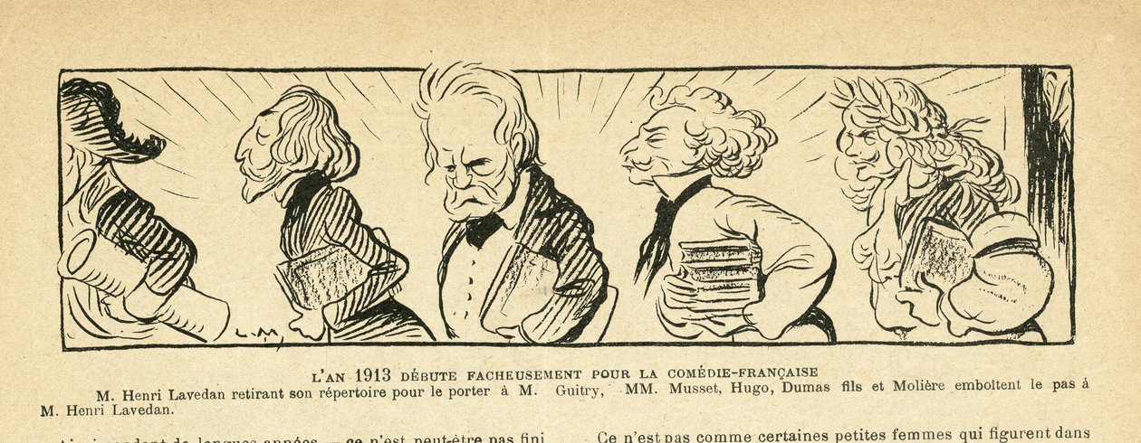 Illusztráció: Le Rire, 13.04.01 - 1913... - Színház, Comedie francaise - Hugo Victor, Dumas Alexandre (fia), Lavedan Henri (1859-1940), Guitry Sacha, Musset Alfred, Moliere (metszet) alkotó: Lucien Metivet