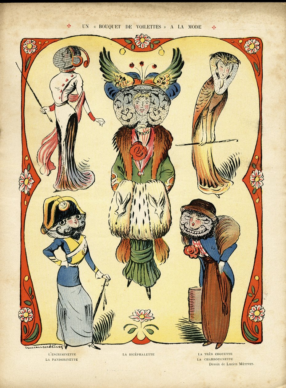 Illusztráció: Le Rire, 09/04/10 - Egy divatos fátyolcsokor - Divat, kerítés (metszet) alkotó: Lucien Metivet