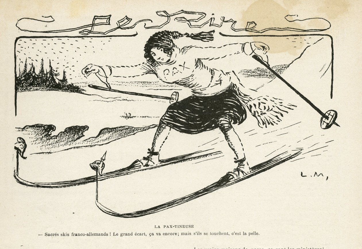 Illusztráció: Le Rire, 24/02/24 - La pax-tineuse - Németország Poroszország, sport, béke, sí, hó, francia-német kapcsolatok, első világháború - Marianne - Sport, Allegorie (metszet) alkotó: Lucien Metivet