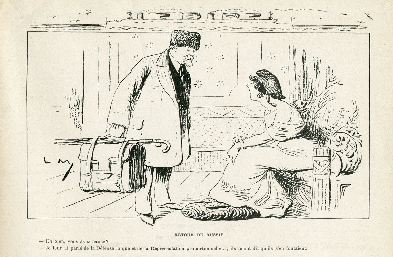 Illusztráció: Le Rire, 24/08/24 - Visszatérés Oroszországból - Antiklerikalizmus, Oroszország, köztársasági elnök, Kalapok, Hivatalos látogatás - Marianne, Poincare Raymond (metszet) alkotó: Lucien Metivet