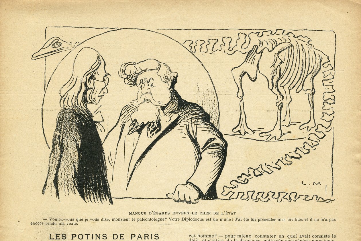 Illusztráció: Le Rire, 08.06.27 - Az államfő figyelmen kívül hagyása - Köztársasági elnök, dinoszaurusz, őslénytan - Fallieres Armand (1841-1931), dinoszaurusz, Diplodocus (metszet) alkotó: Lucien Metivet