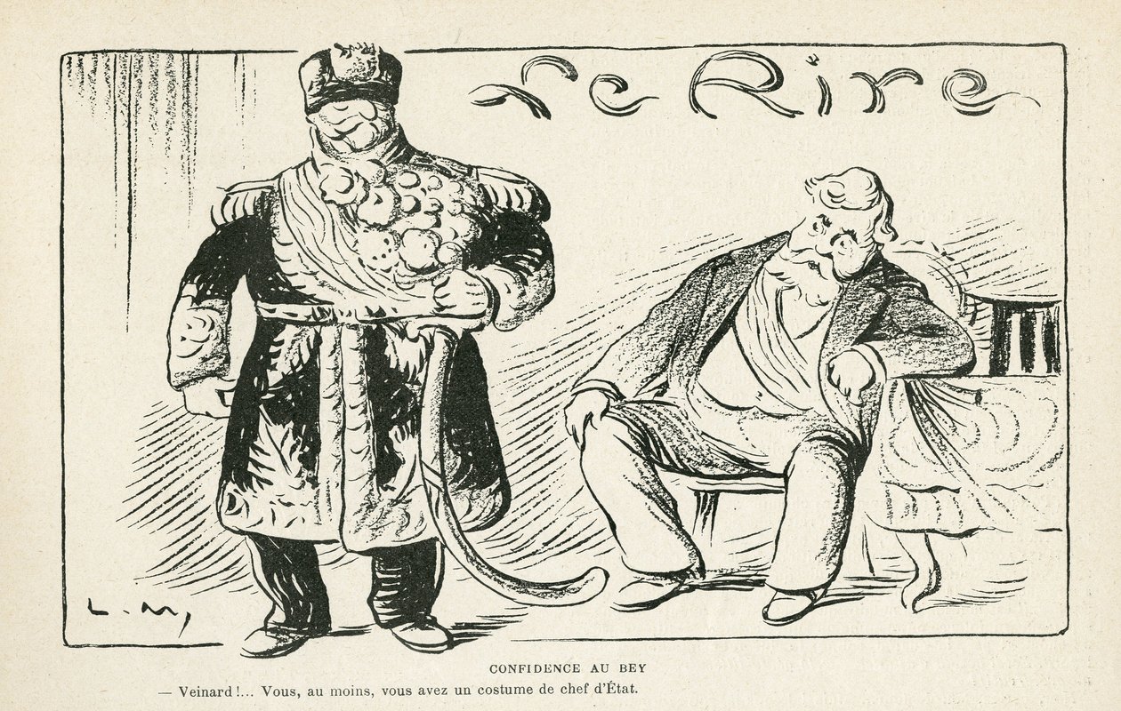 Illusztráció: Le Rire, 27/07/27 - Confidence au bey - Gyarmatosítás - Fallieres Armand (1813-1941), Naceur Bey (Mohamed el-Naceur Bey) (1855-1922) (metszet) alkotó: Lucien Metivet
