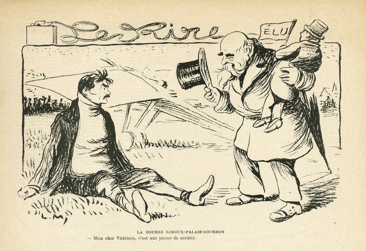 Illusztráció: Le Rire, 2012.03.30. - Limoux-Palais-Bourbon verseny - Választások, repülés - Vedrines Jules (1881-1919) (metszet) alkotó: Lucien Metivet