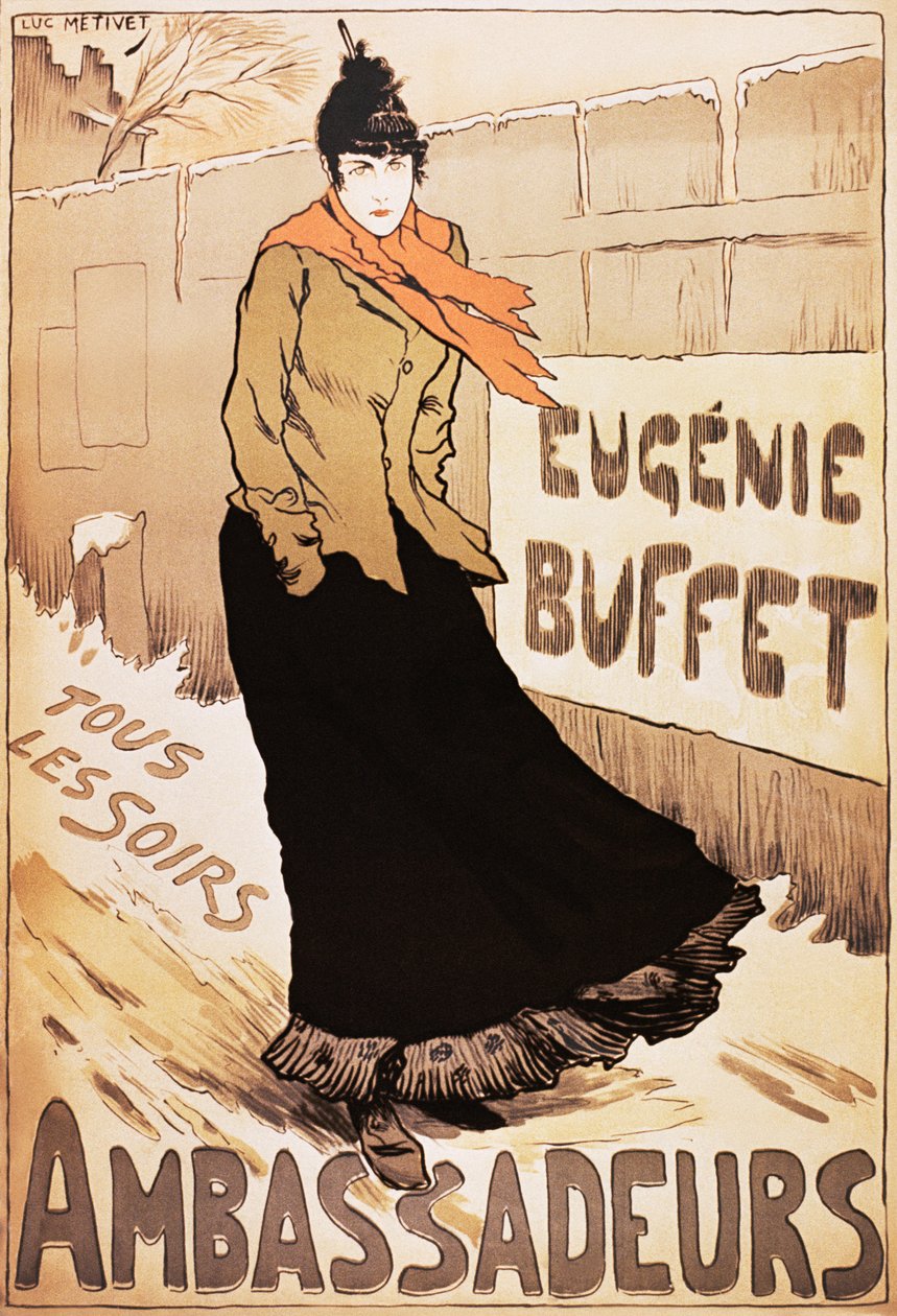 Vintage poszter Eugenie Buffet francia énekesnőről, aki a hóban sétál alkotó: Lucien Metivet