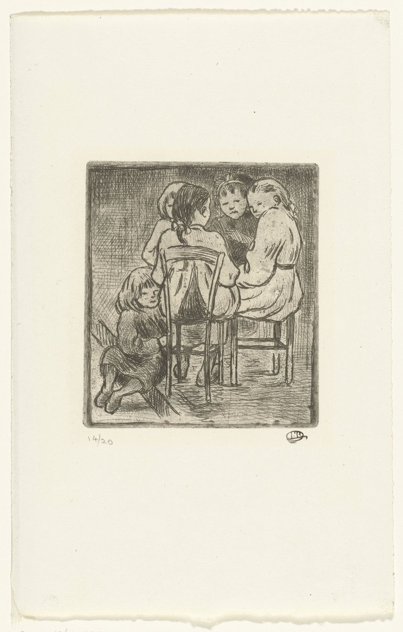 Öt ülő lányból álló csoport alkotó: Lucien Pissarro