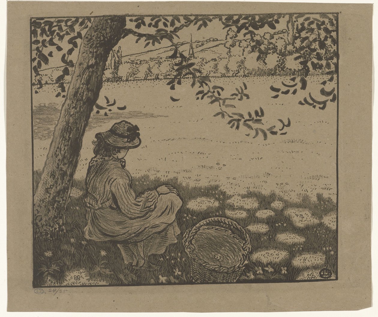Lány egy fa alatt a réten alkotó: Lucien Pissarro