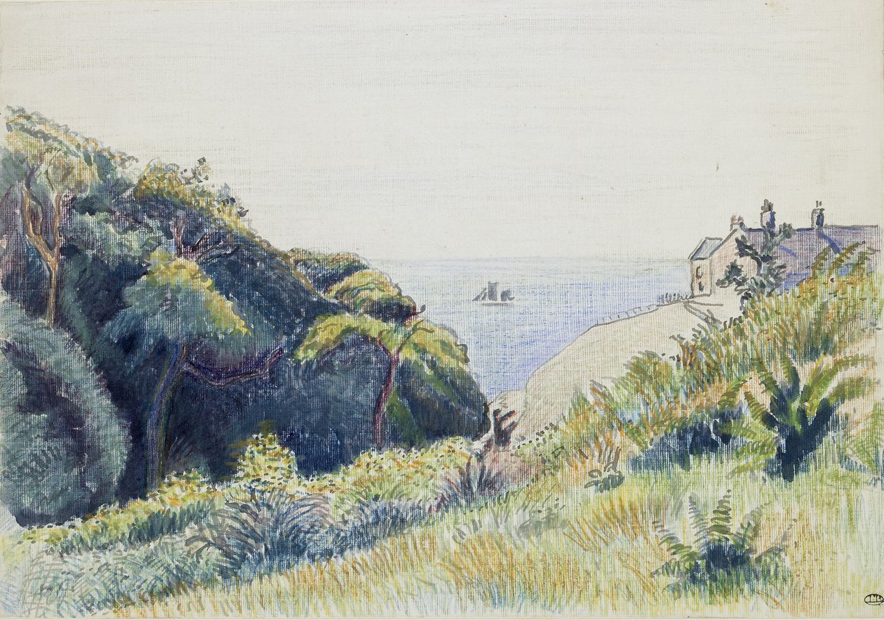 The Coastguards House, Ecclesbourne, 1918 (toll, szürke tinta és színes zsírkréta, texturált papír) alkotó: Lucien Pissarro