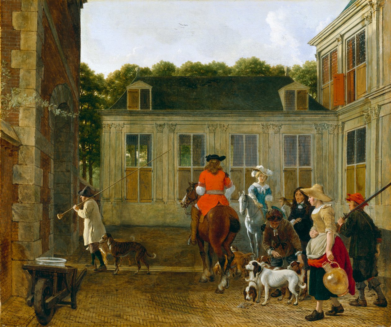 Vadásztársaság egy tájház udvarán, 1665 körül alkotó: Ludolf de Jongh