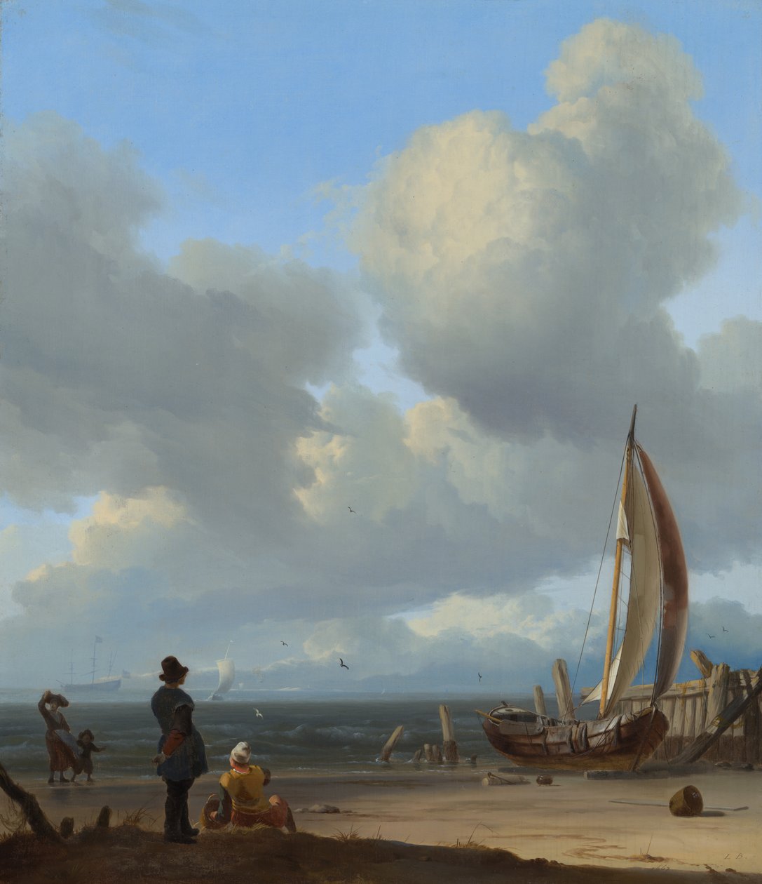 Holland: Zeegezicht met figuren bij een vissersboot op het strand Egy kiterjedt tengeri táj, figurákkal egy csónak mellett a Huisduinen melletti parton alkotó: Ludolf Bakhuizen