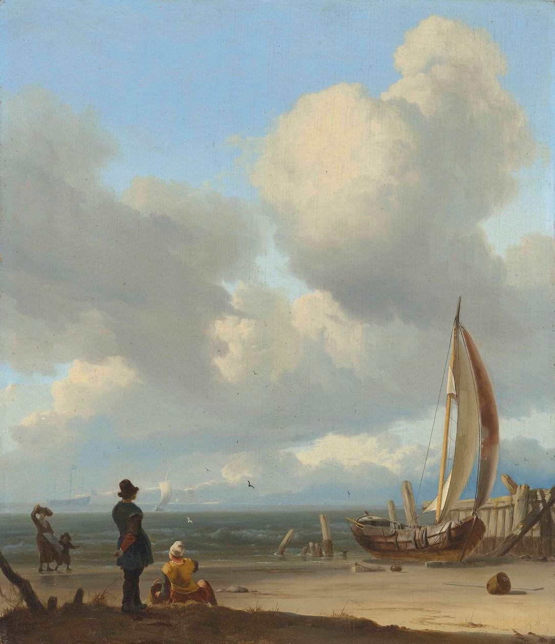Holland: Zeegezicht met figuren bij een vissersboot op het strand Egy kiterjedt tengeri táj, figurákkal egy csónak mellett a Huisduinen melletti parton alkotó: Ludolf Bakhuizen