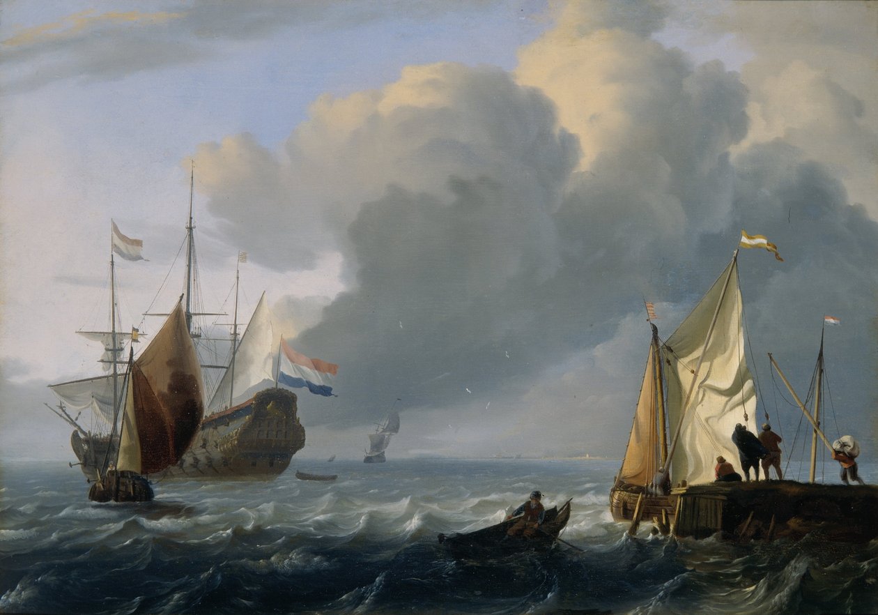 Holland fregatt és más hajók a tengerparton, 1690 körül (olaj, tölgyfa tábla) alkotó: Ludolf Bakhuizen