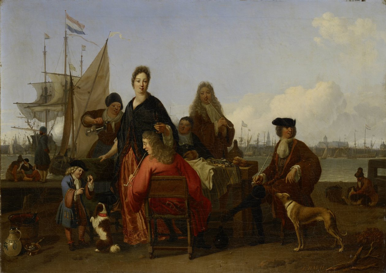 A Bakhuysen és de Hooghe családok vacsoráznak a Mosselsteigerben (kagyló móló) az Y úton, Amszterdam alkotó: Ludolf Bakhuysen (signed by artist)