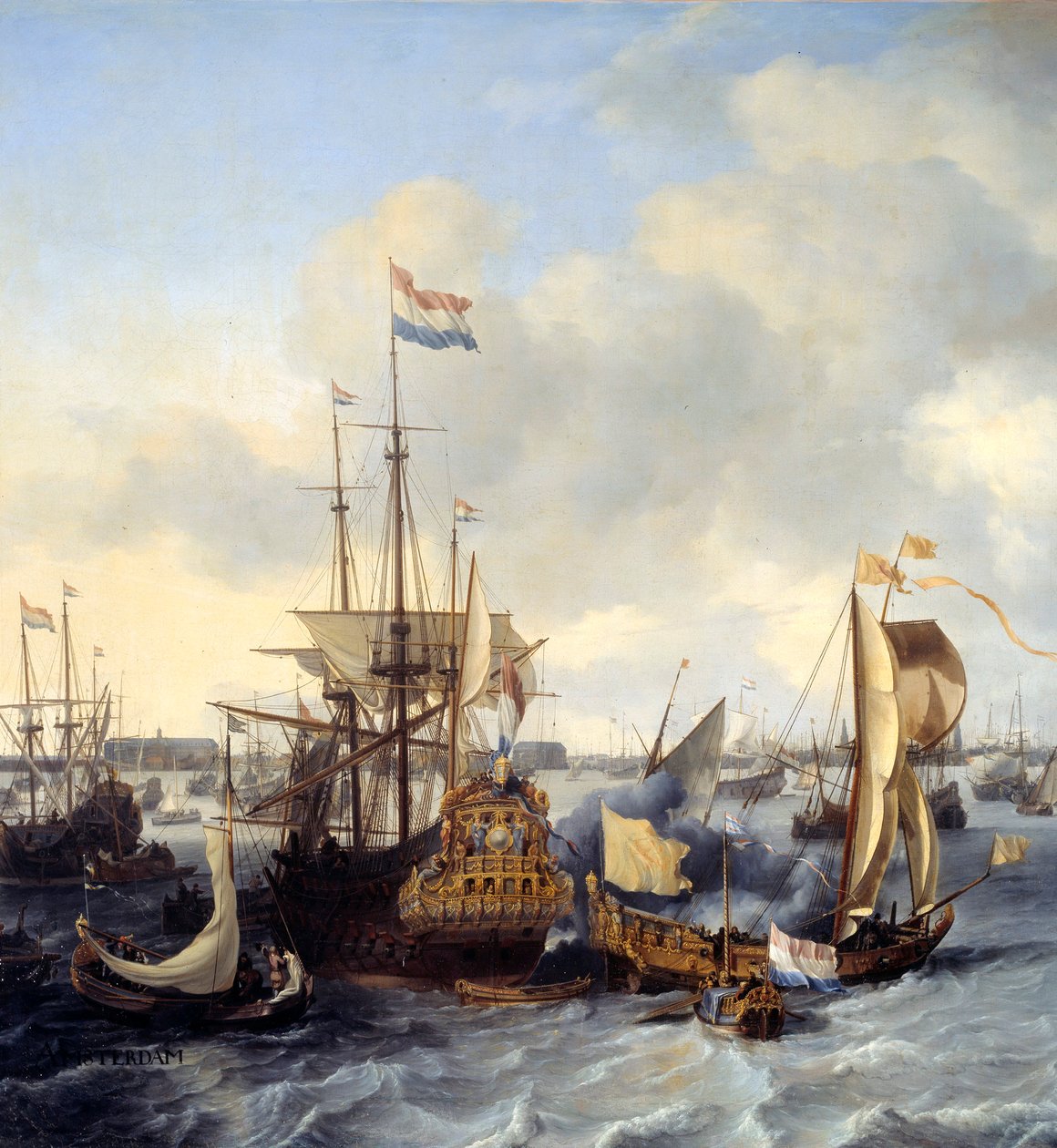 Kilátás az amszterdami kikötőre a részletekről. Ludolf Backhuysen (1631-1708) festménye 1666 V. 1,28x2,21 m alkotó: Ludolf I Backhuysen