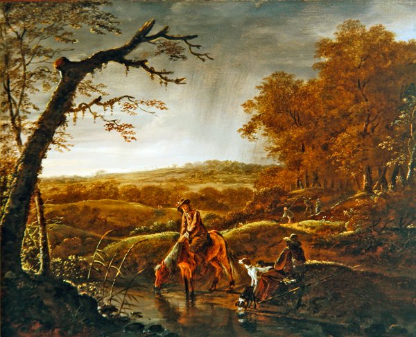 Vadászok nyugalomban lóval és kutyákkal a patak mellett, 1650 körül (olaj, panel) alkotó: Ludolf de Jongh