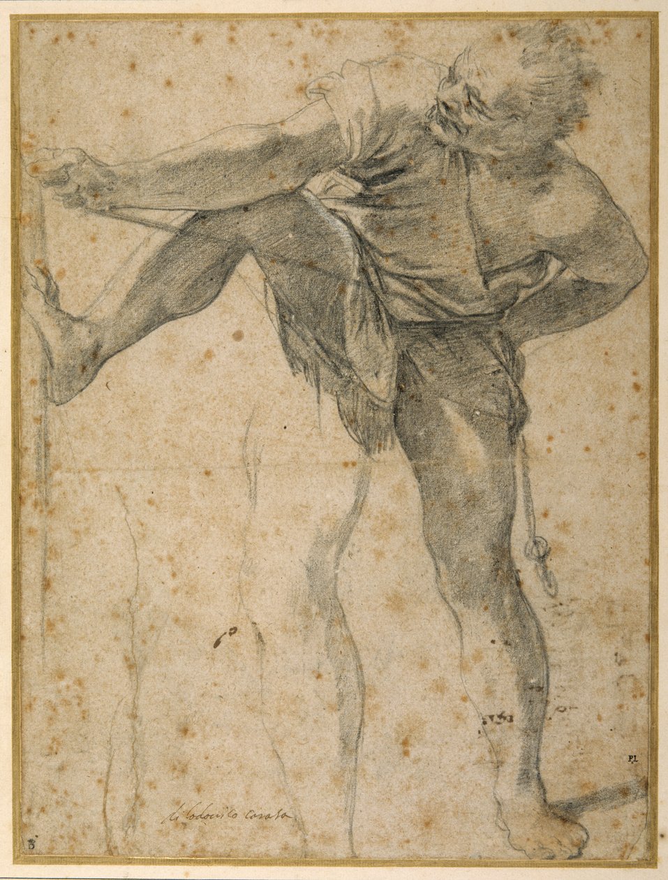 Férfi kötelet húz, bal lábát másodszor is próbálta (fekete kréta papíron) alkotó: Ludovico Carracci