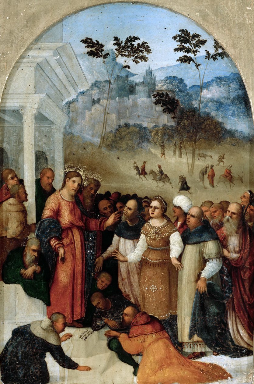 Krisztus és a házasságtörésen elhurcolt asszony c. 1527. alkotó: Ludovico Mazzolino