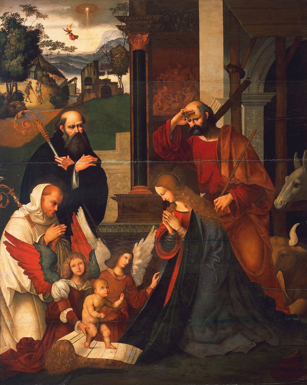 Születés Szent Bernáttal és Szent Albericoval, 1505-1510 körül, Ludovico Mazzolino (kb. 1480-1530), olaj, vászon, 219x176 cm alkotó: Ludovico Mazzolino