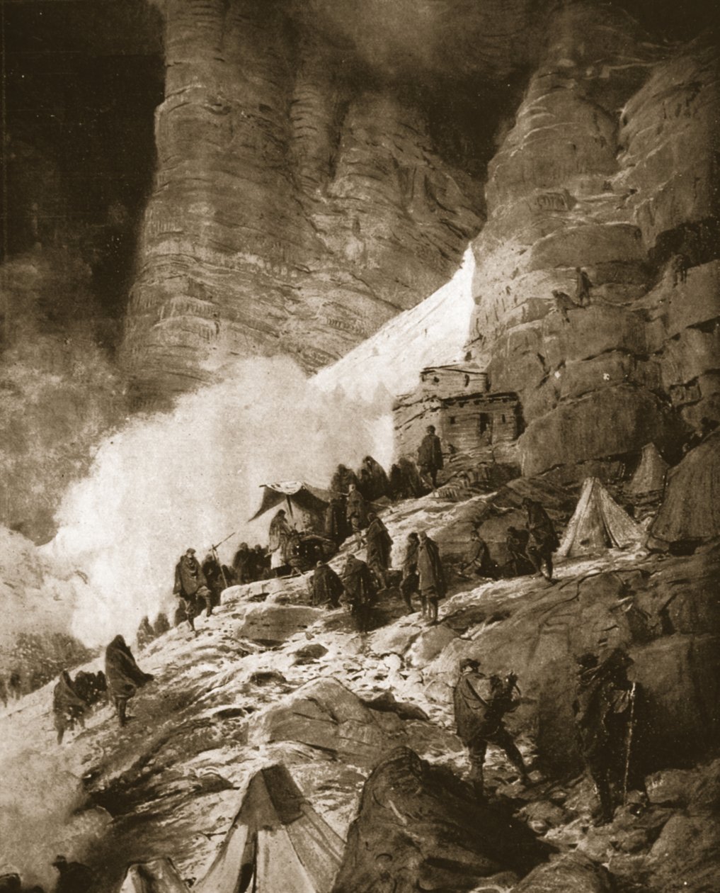 Olaszország alpesi háborúja Ausztriával: misét celebrálnak a hegyoldalban, a „The Illustrated War News” című filmből, 1916. június 21. (litho) alkotó: Ludovico Pogliaghi