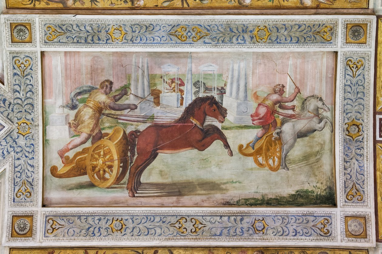 A quadriga versenye, a Játékcsarnok mennyezetének részlete (freskó) alkotó: Ludovico Settevecchi