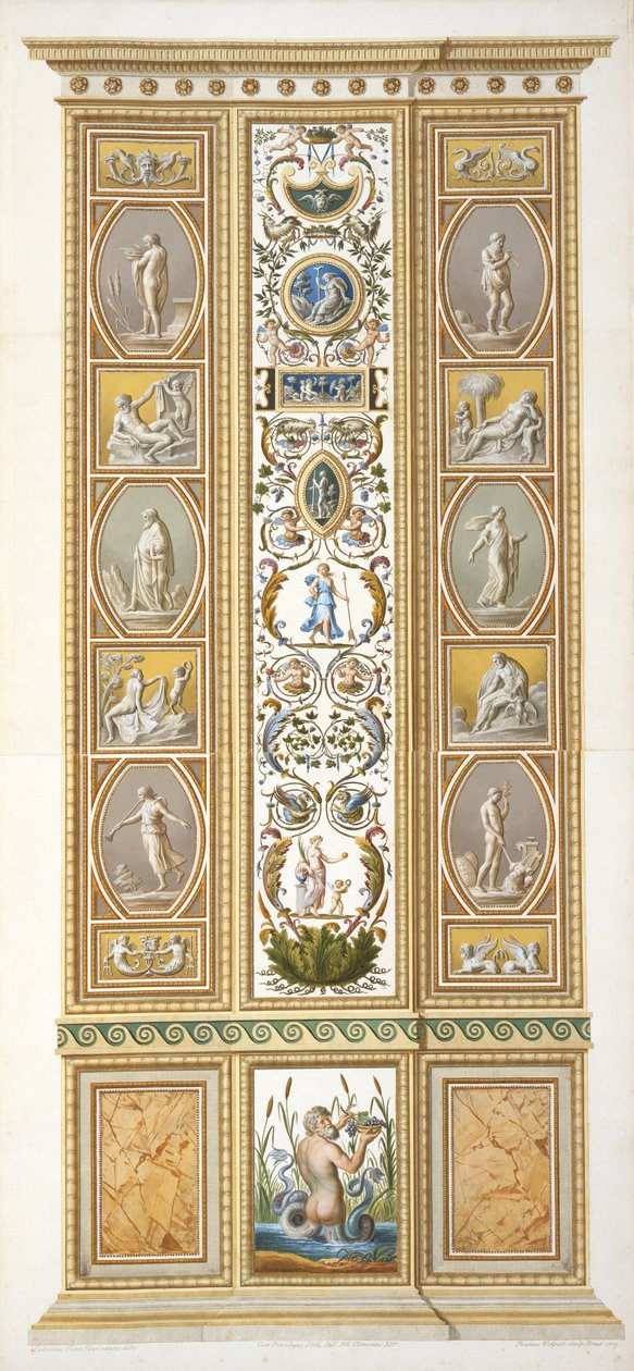 Panel a vatikáni Raphael-loggiáról, a „Delle Loggie di Rafaele nel Vaticano”-ból, Giovanni Volpato (1735-1803) metszet, 1774, megjelent 1774-77 körül (kézzel színezett metszet) alkotó: Ludovicus Tesio Taurinensis