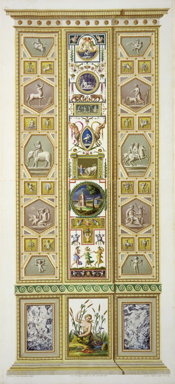 Panel a vatikáni Raphael-loggiáról, a „Delle Loggie di Rafaele nel Vaticano”-ból, Giovanni Volpato (1735-1803) metszet, 1774, megjelent 1774-77 körül (kézzel színezett metszet) alkotó: Ludovicus Tesio Taurinensis