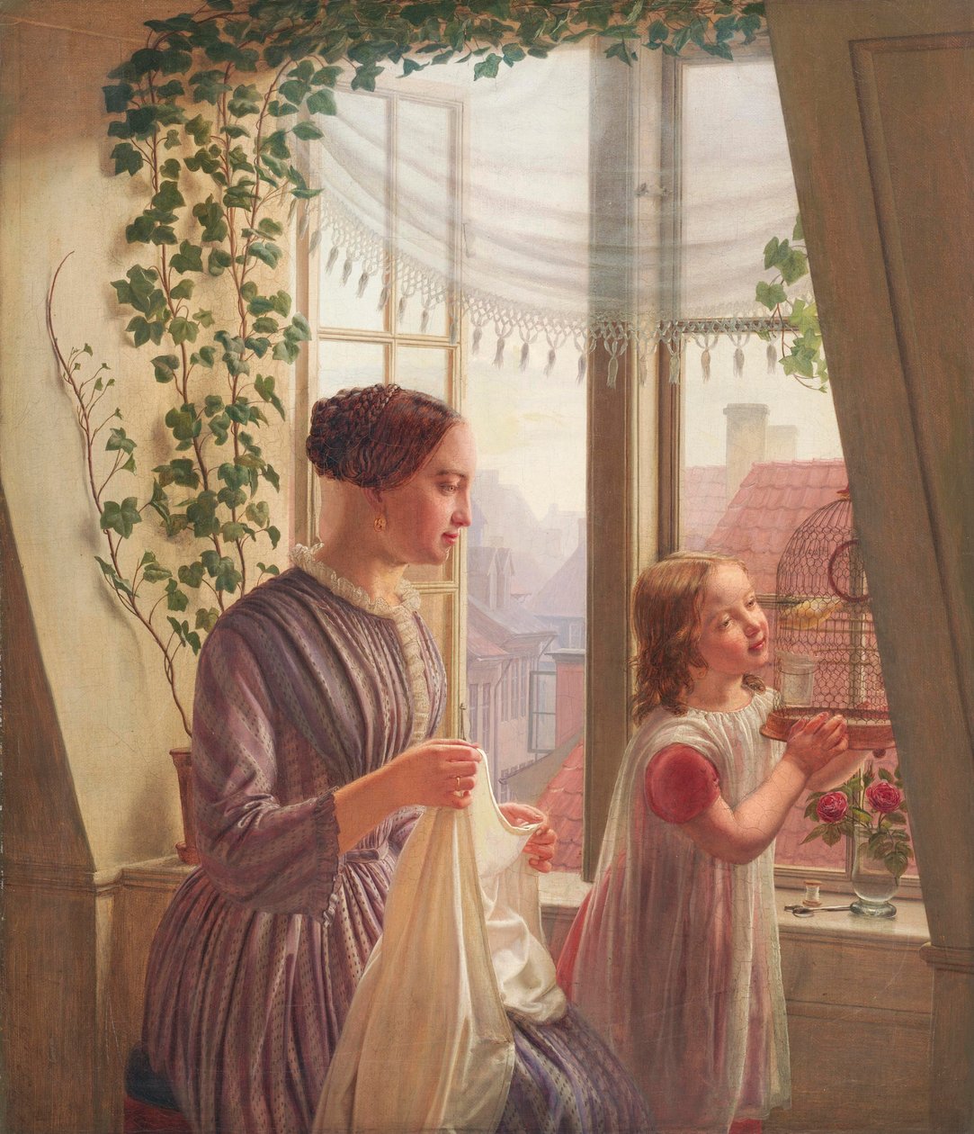 Belső anyával és lányával az ablaknál, 1853 alkotó: Ludvig August Smith