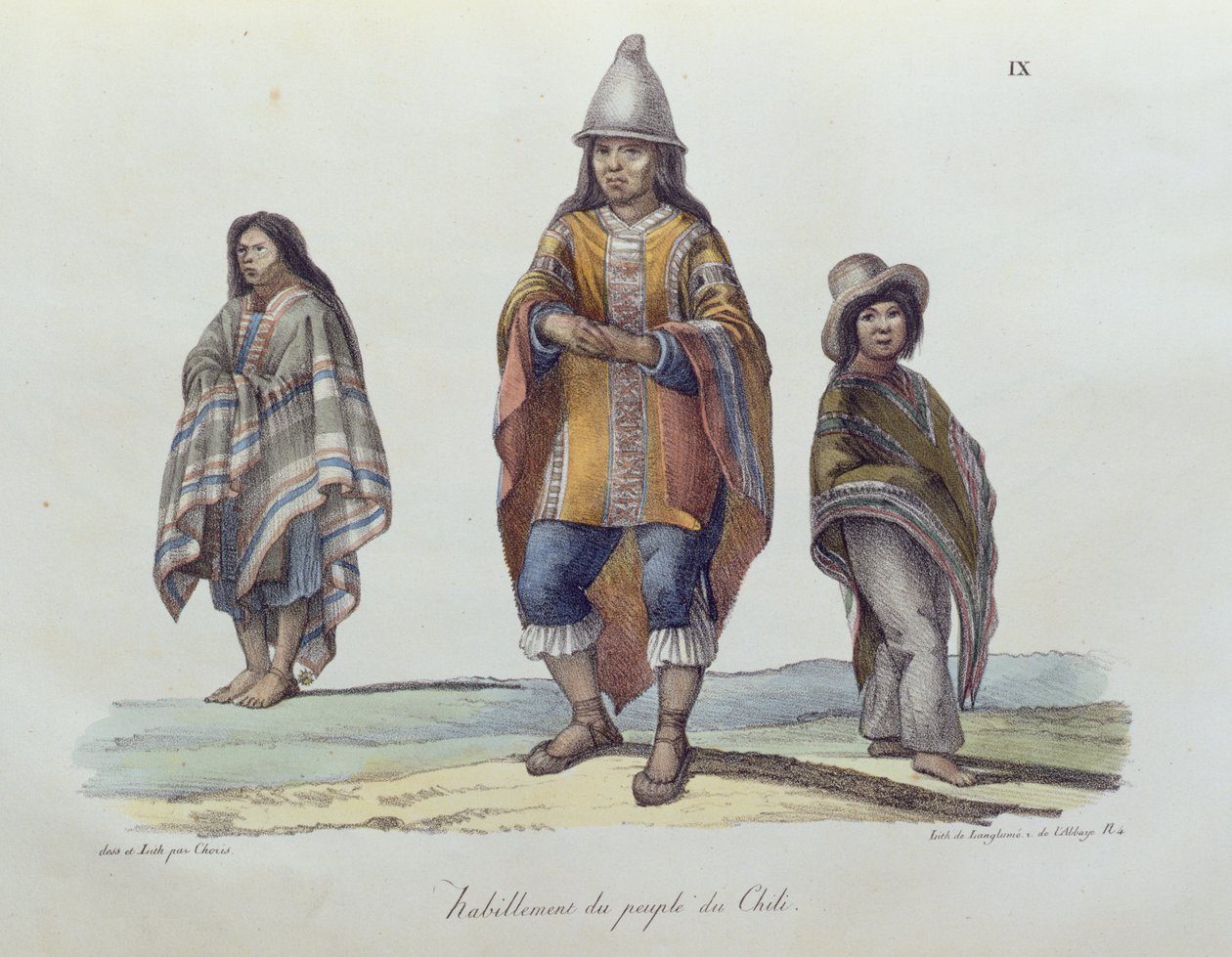 Chile népének jelmeze a Voyage Picturesque Around the World-ből, 1822-ben megjelent alkotó: Ludwig Choris