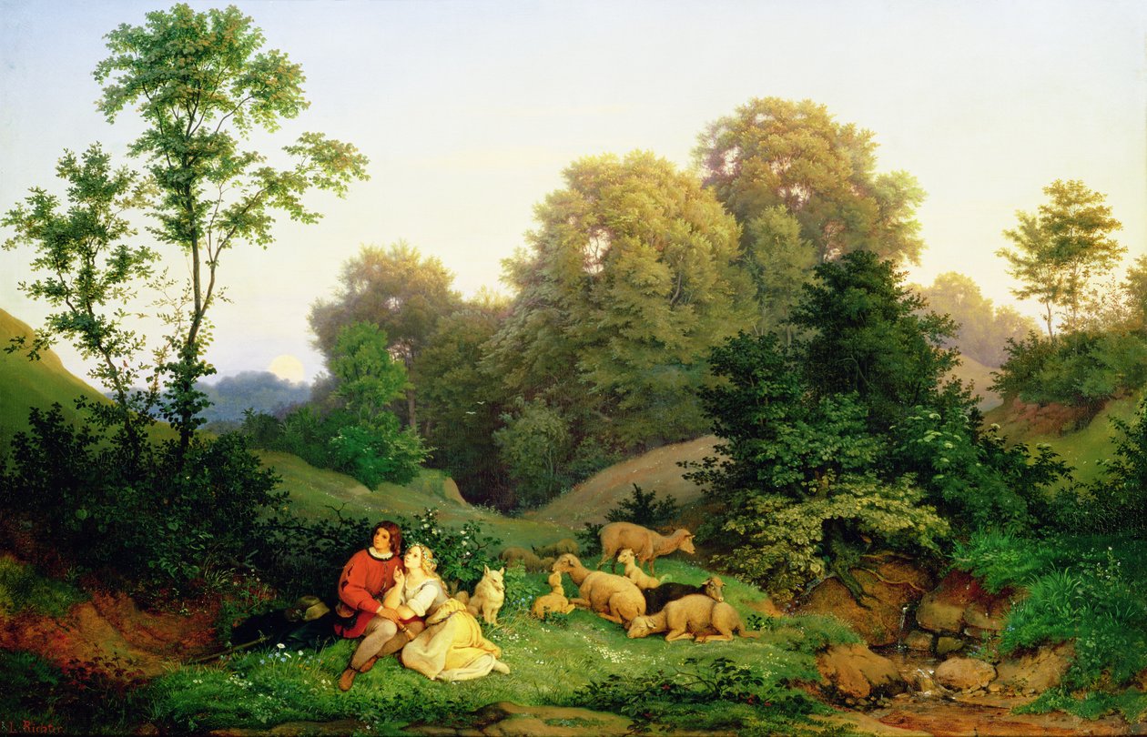 Pásztor és pásztorlány egy német tájképen, 1844 alkotó: Ludwig Adrian Richter